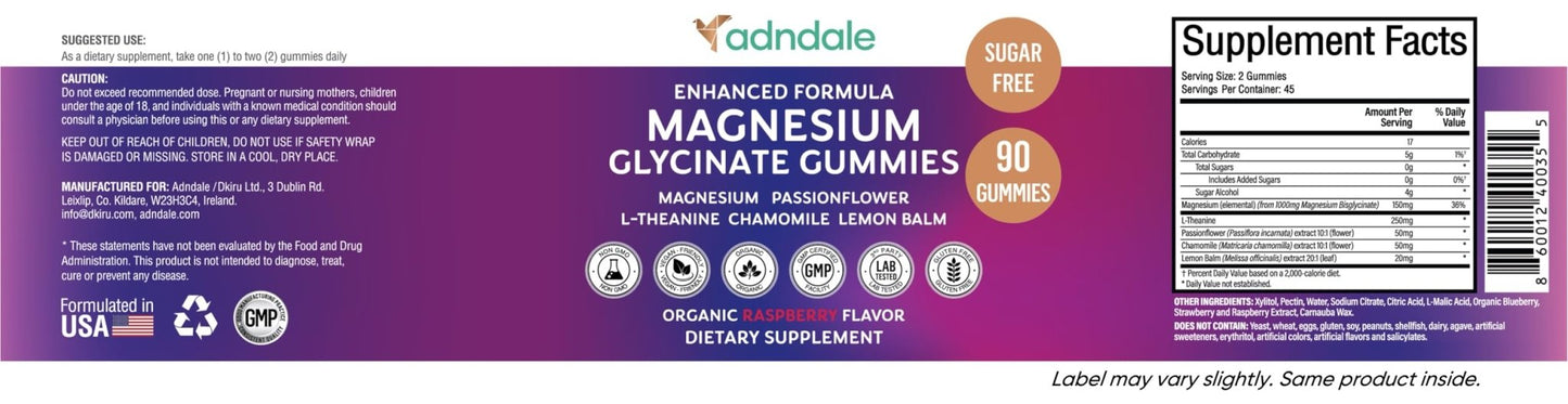 Adndale 90CT Magnesium Glycinate Gummies. Sugar Free Chews for Adults & Kids. Raspberry Flavour - Maple Wellness Supplements