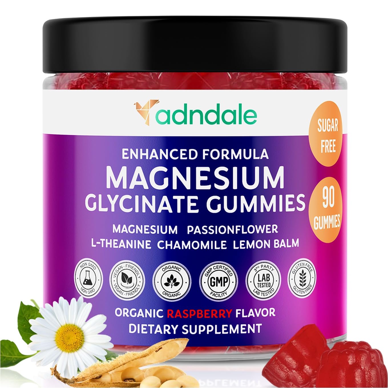 Adndale 90CT Magnesium Glycinate Gummies. Sugar Free Chews for Adults & Kids. Raspberry Flavour - Maple Wellness Supplements