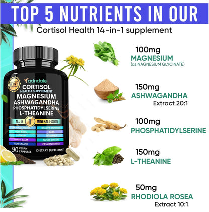 Adndale Cortisol Supplements for Women. Cortisol Reducer 14-in-1 Ashwagandha Supplement with Magnesium Glycinate, L-Theanine & More. 90 Capsules. - Maple Wellness Supplements