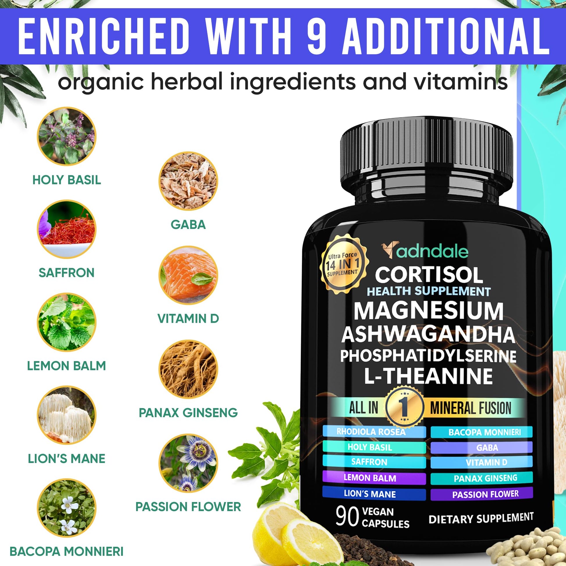 Adndale Cortisol Supplements for Women. Cortisol Reducer 14-in-1 Ashwagandha Supplement with Magnesium Glycinate, L-Theanine & More. 90 Capsules. - Maple Wellness Supplements