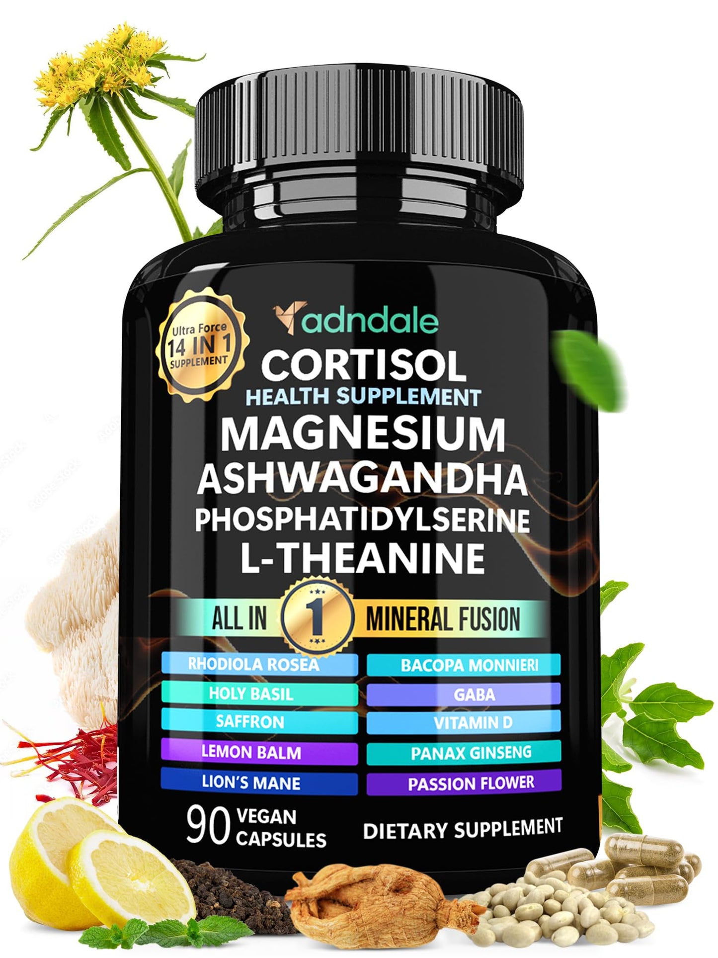 Adndale Cortisol Supplements for Women. Cortisol Reducer 14-in-1 Ashwagandha Supplement with Magnesium Glycinate, L-Theanine & More. 90 Capsules. - Maple Wellness Supplements