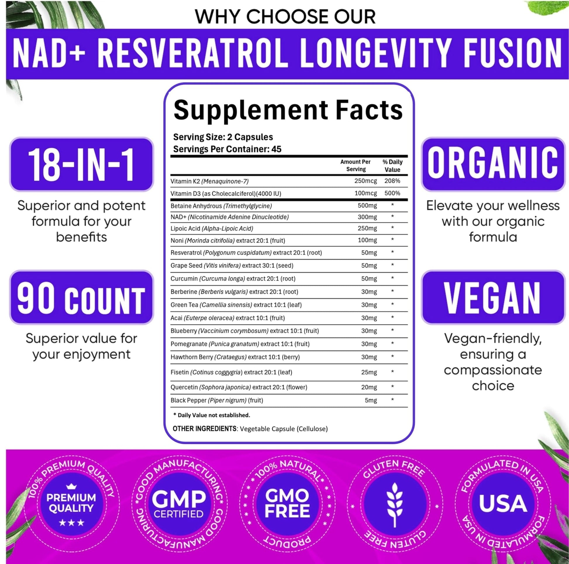 Adndale Liposomal NAD Supplement. Longevity Formula NMN Supplement Alternative. 90CT Advanced NAD+ Resveratrol - Maple Wellness Supplements