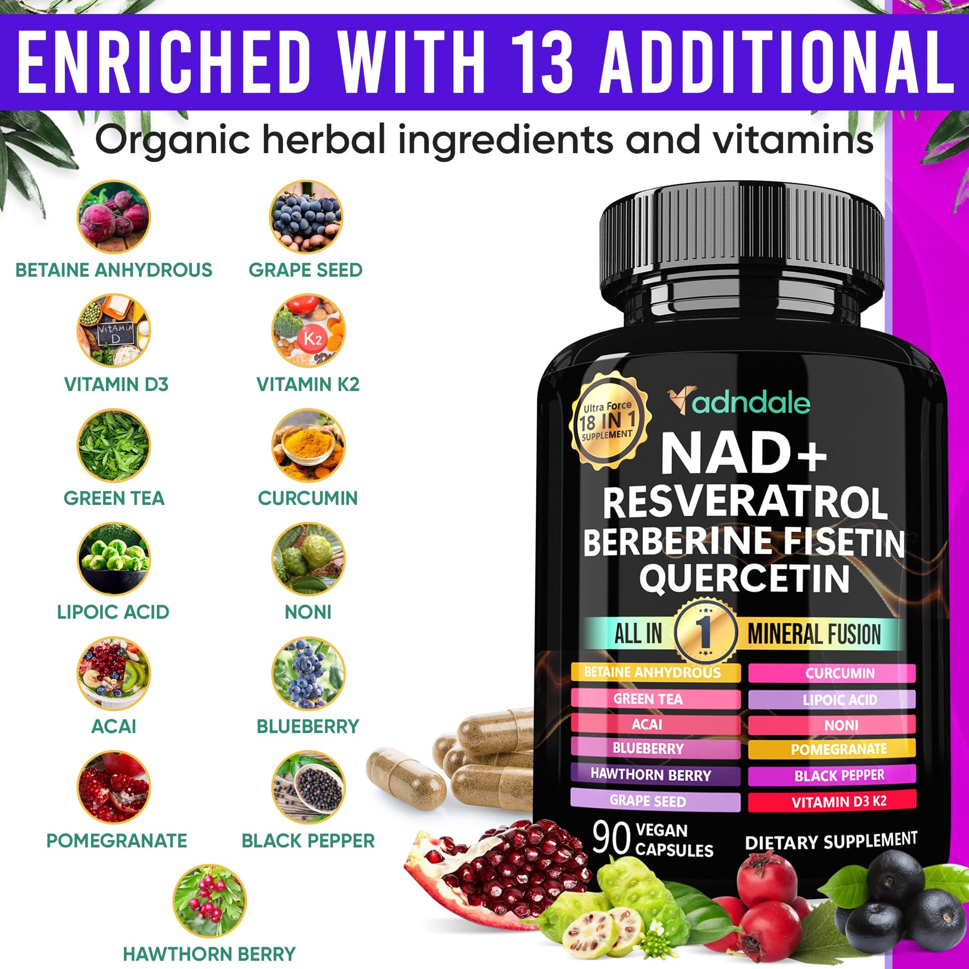 Adndale Liposomal NAD Supplement. Longevity Formula NMN Supplement Alternative. 90CT Advanced NAD+ Resveratrol - Maple Wellness Supplements