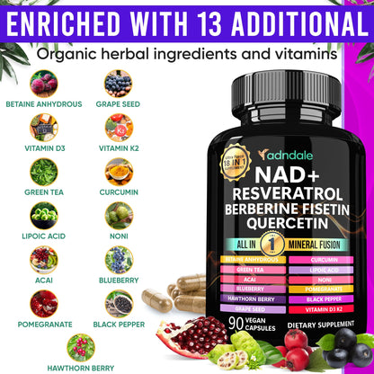 Adndale Liposomal NAD Supplement. Longevity Formula NMN Supplement Alternative. 90CT Advanced NAD+ Resveratrol - Maple Wellness Supplements