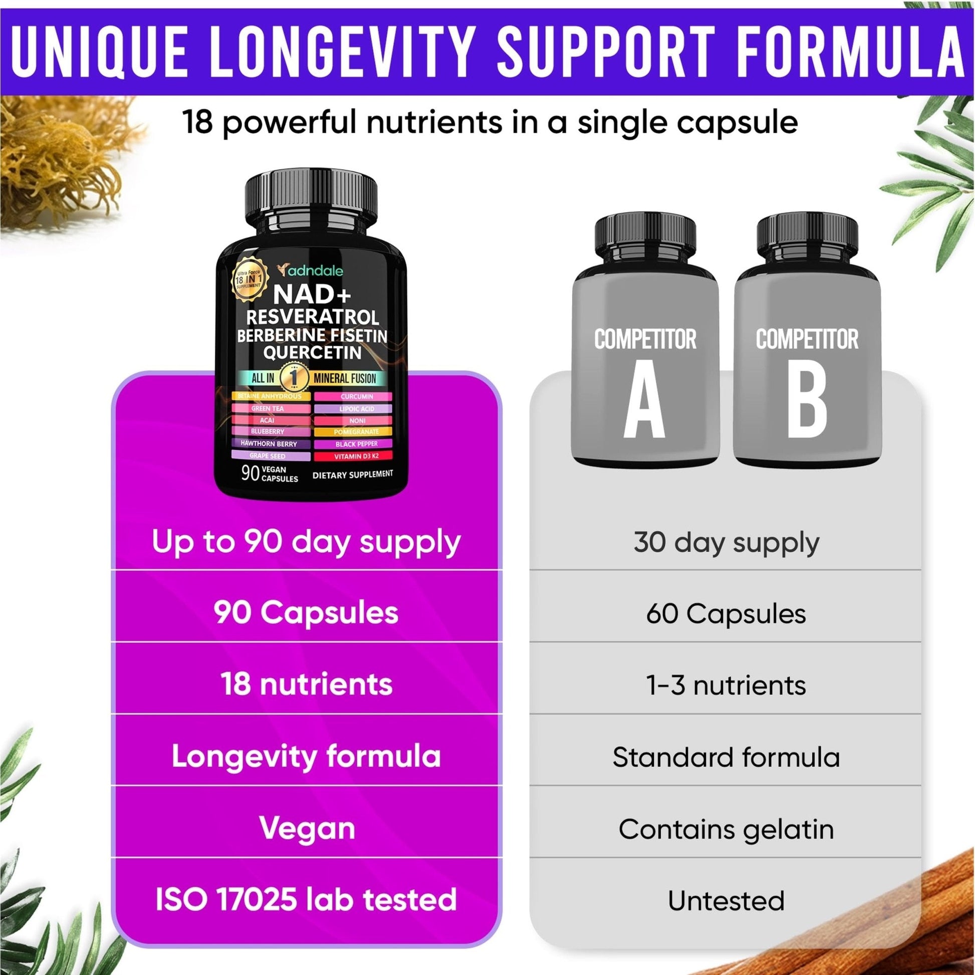 Adndale Liposomal NAD Supplement. Longevity Formula NMN Supplement Alternative. 90CT Advanced NAD+ Resveratrol - Maple Wellness Supplements