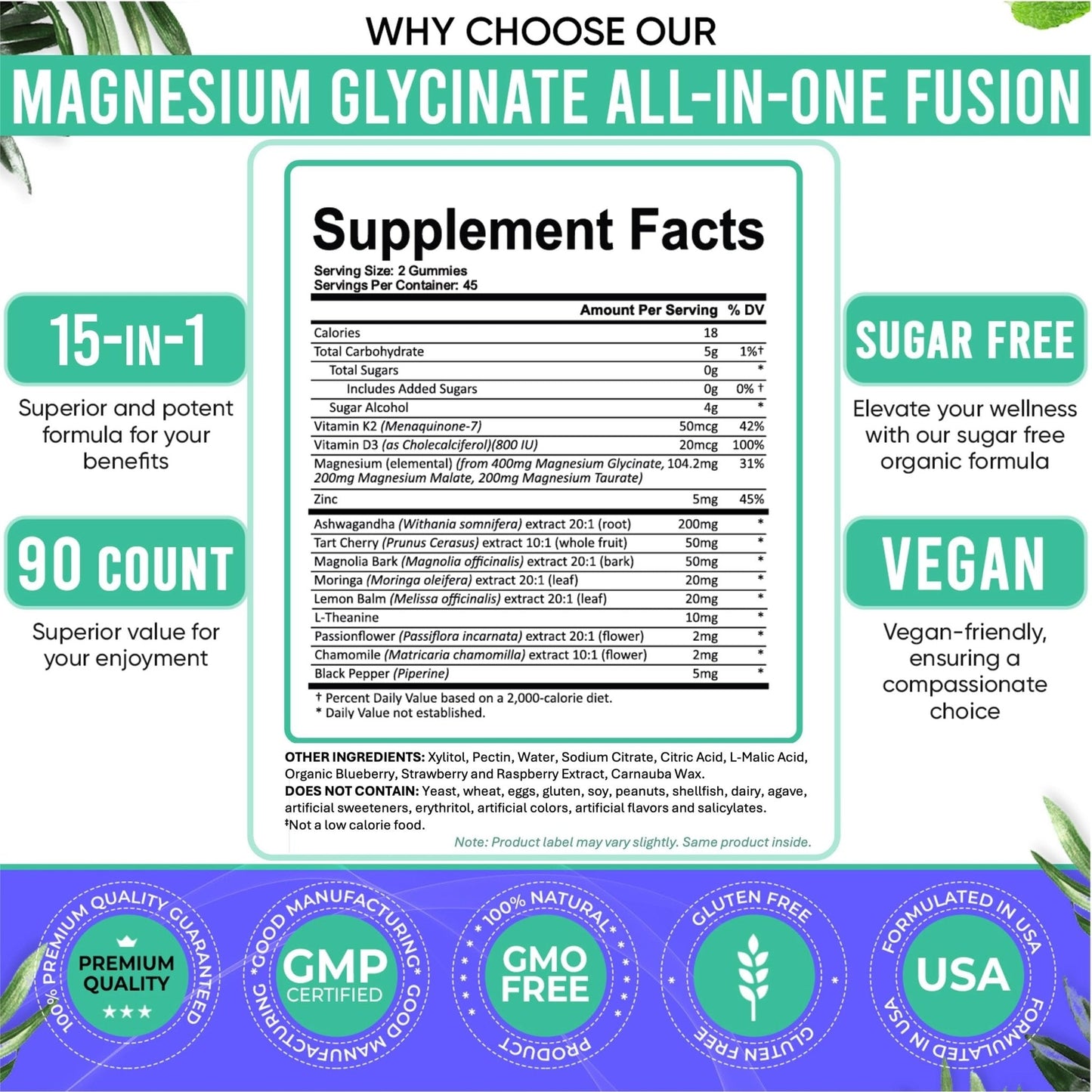 Adndale Magnesium Glycinate 400 mg Gummies with Ashwagandha, Magnesium Malate & Taurate, Tart Cherry, Magnolia Bark, Lemon Balm, Passionflower - Maple Wellness Supplements