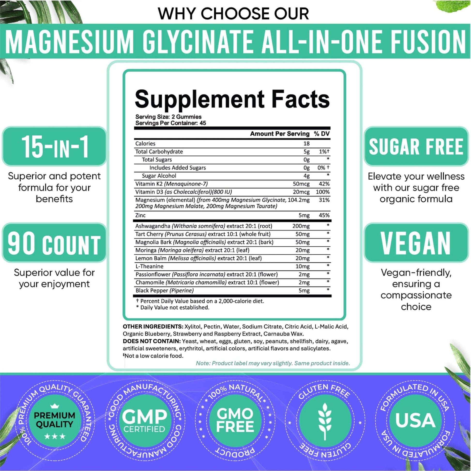 Adndale Magnesium Glycinate 400 mg Gummies with Ashwagandha, Magnesium Malate & Taurate, Tart Cherry, Magnolia Bark, Lemon Balm, Passionflower - Maple Wellness Supplements