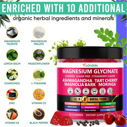 Adndale Magnesium Glycinate 400 mg Gummies with Ashwagandha, Magnesium Malate & Taurate, Tart Cherry, Magnolia Bark, Lemon Balm, Passionflower - Maple Wellness Supplements