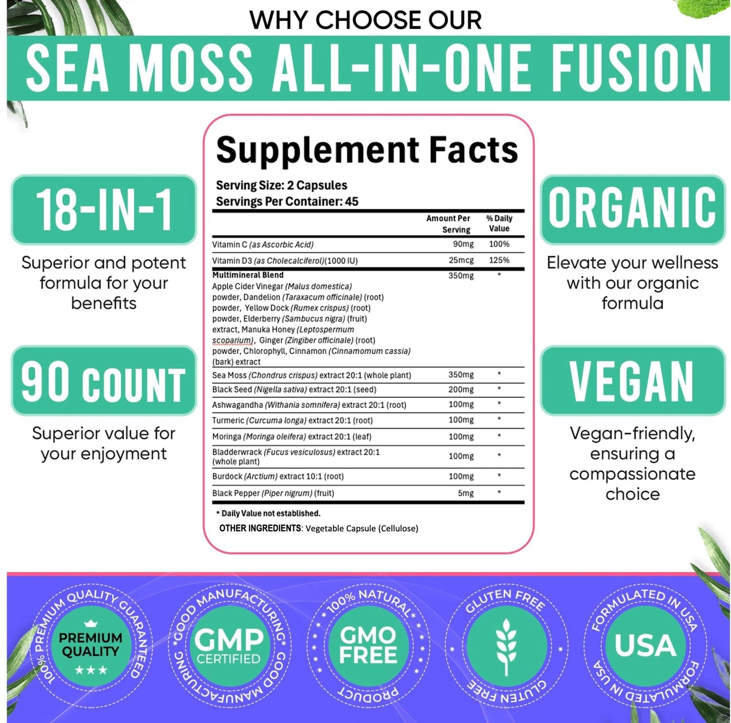 Adndale Sea Moss Capsules - Sea Moss Blend with Ashwagandha, Turmeric- 90 Count - Maple Wellness Supplements
