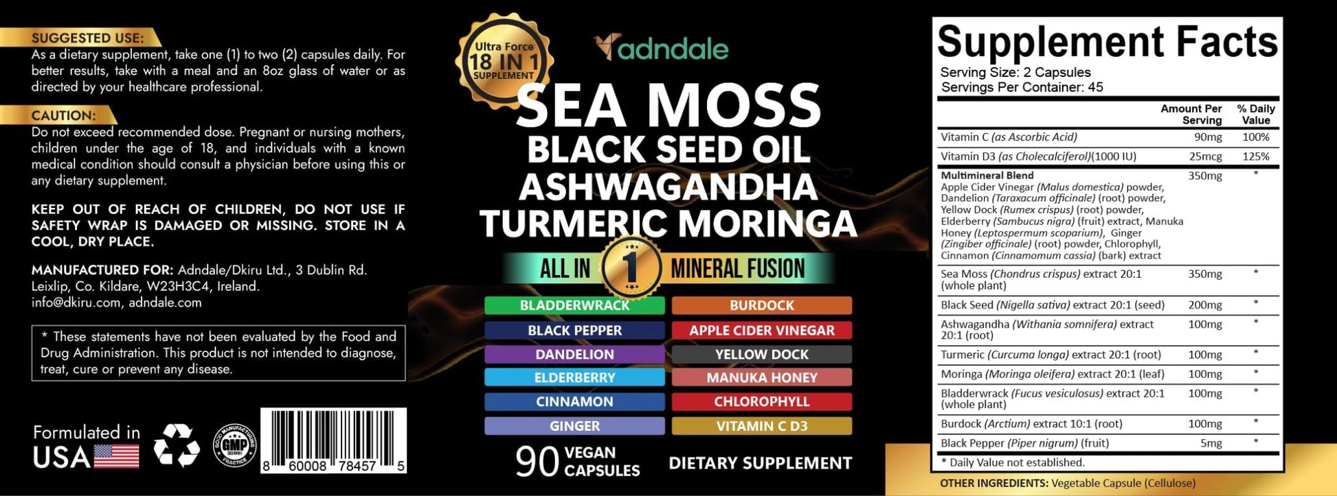 Adndale Sea Moss Capsules - Sea Moss Blend with Ashwagandha, Turmeric- 90 Count - Maple Wellness Supplements