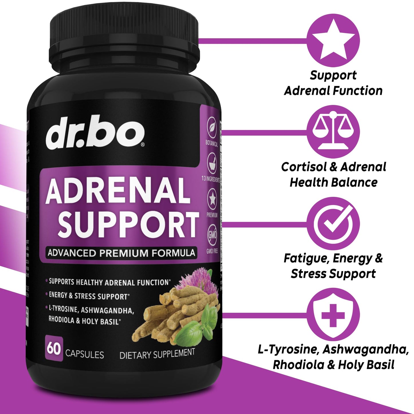 Adrenal Support Cortisol Manager Supplement - Adrenal Fatigue Supplements for Women & Men with Natural Adaptogen Ashwagandha Holy Basil Rhodiola L Tyrosine Complex Fatigue Cortisol Health - 60 Pills - Maple Wellness Supplements