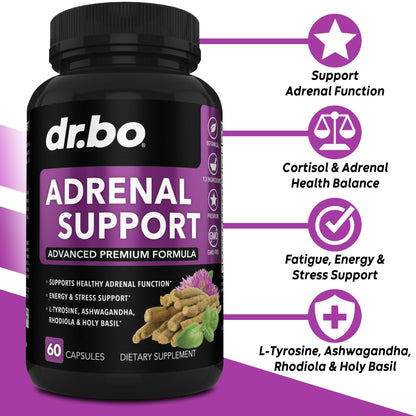 Adrenal Support Cortisol Manager Supplement - Adrenal Fatigue Supplements for Women & Men with Natural Adaptogen Ashwagandha Holy Basil Rhodiola L Tyrosine Complex Fatigue Cortisol Health - 60 Pills - Maple Wellness Supplements