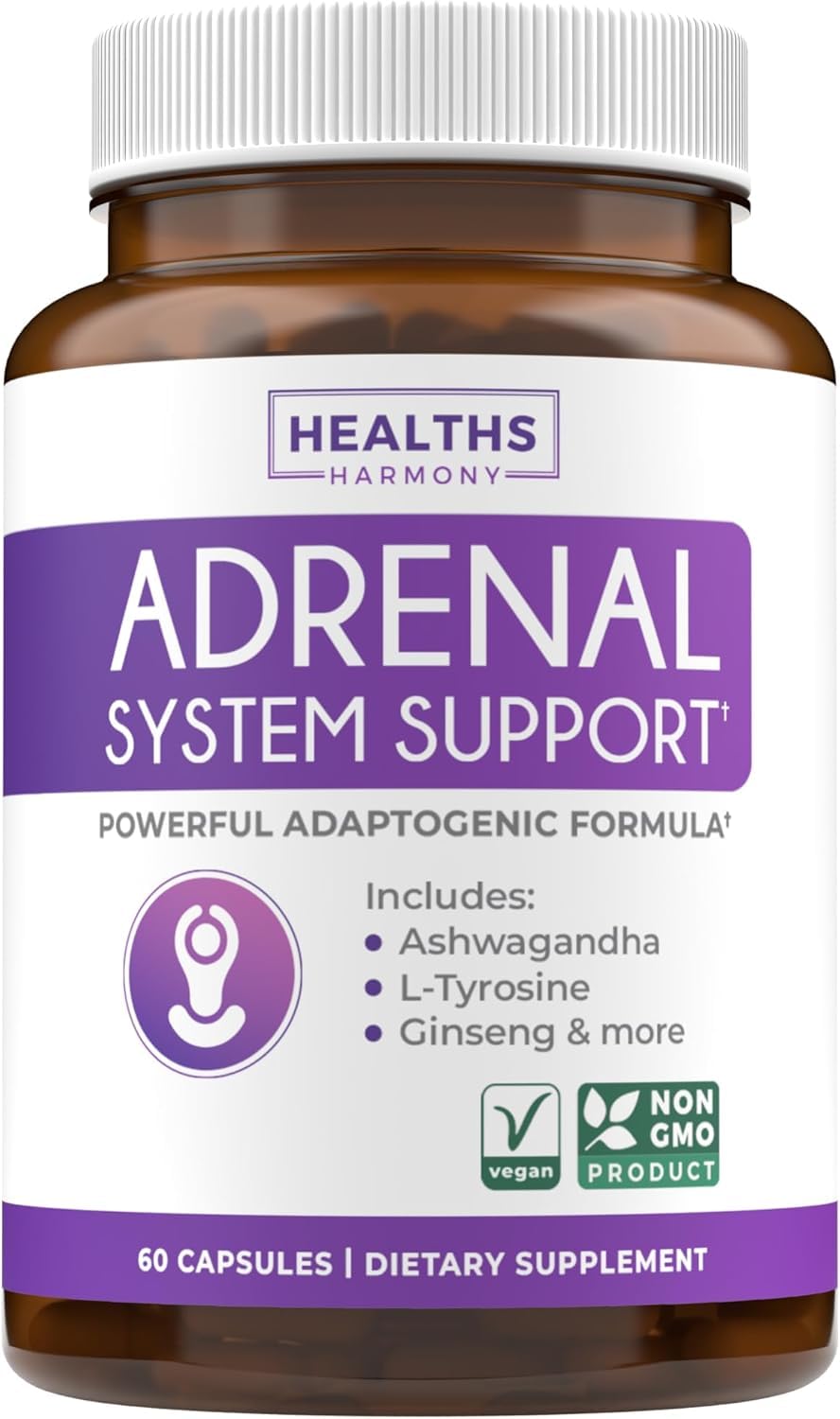 Adrenal System Support & Cortisol Manager (2 Month Supply) Powerful Ashwagandha & L-Tyrosine Fatigue Supplement - Maintain Balanced Cortisol Levels, Health, & Stress Relief - Non-GMO - 60 Capsules - Maple Wellness Supplements