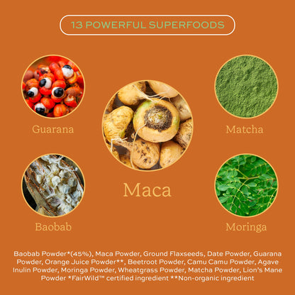 Aduna Organic Energy Superfood Blend | 100% Natural Stir-in Blend With 10+ Superfoods for Natural Energy, Focus & Reduced Tiredness | Vegan Powder for Yogurt, Juices, & Smoothies | 250g - Maple Wellness Supplements