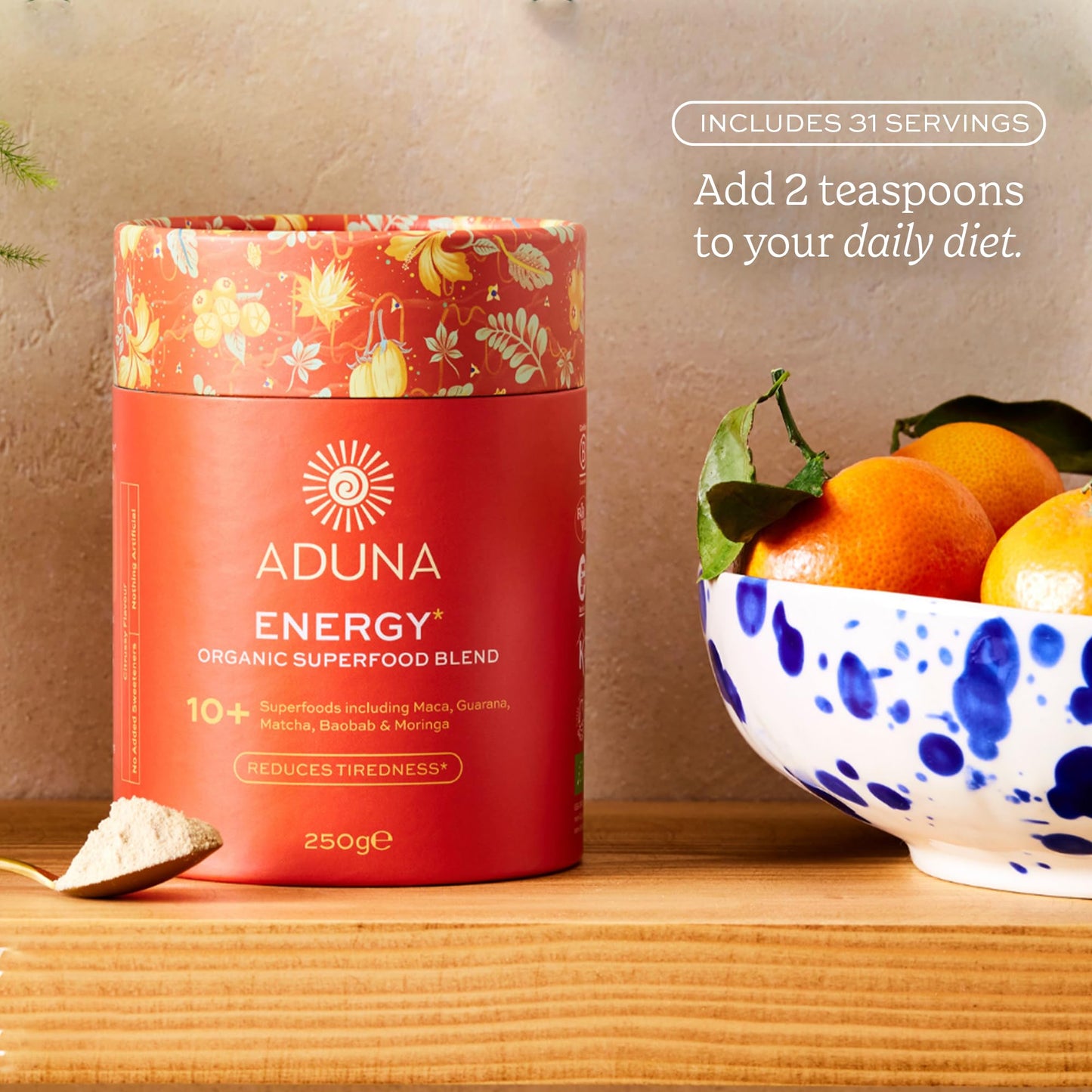 Aduna Organic Energy Superfood Blend | 100% Natural Stir-in Blend With 10+ Superfoods for Natural Energy, Focus & Reduced Tiredness | Vegan Powder for Yogurt, Juices, & Smoothies | 250g - Maple Wellness Supplements