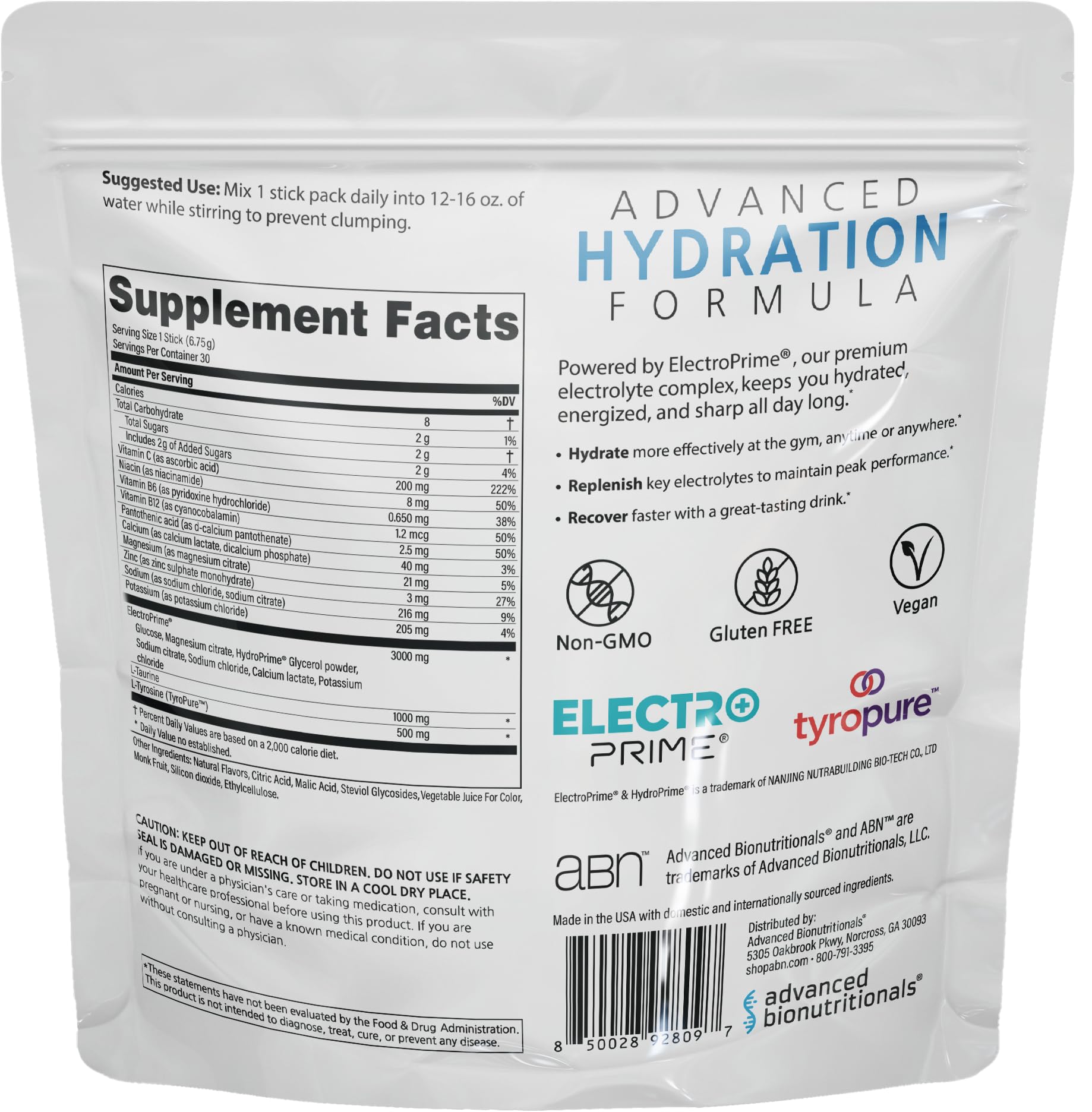 Advanced Bionutritionals Advanced Hydration Formula Electrolyte Drink Mix Powder with ElectroPrime®, L-Taurine, TyroPure™, B-Vitamins, Vitamin C – Strawberry Watermelon – 30 Stick Packs - Maple Wellness Supplements