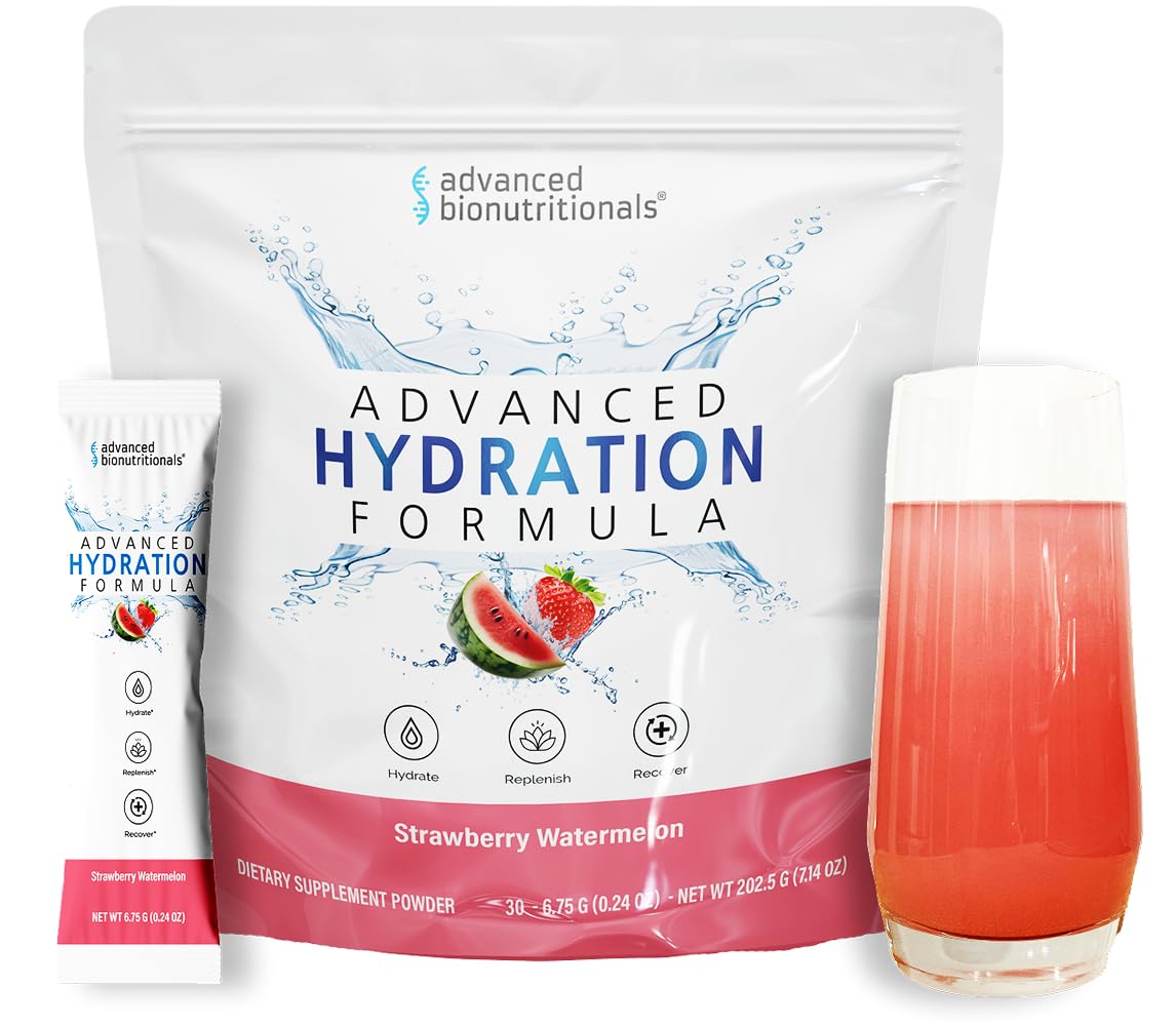 Advanced Bionutritionals Advanced Hydration Formula Electrolyte Drink Mix Powder with ElectroPrime®, L-Taurine, TyroPure™, B-Vitamins, Vitamin C – Strawberry Watermelon – 30 Stick Packs - Maple Wellness Supplements