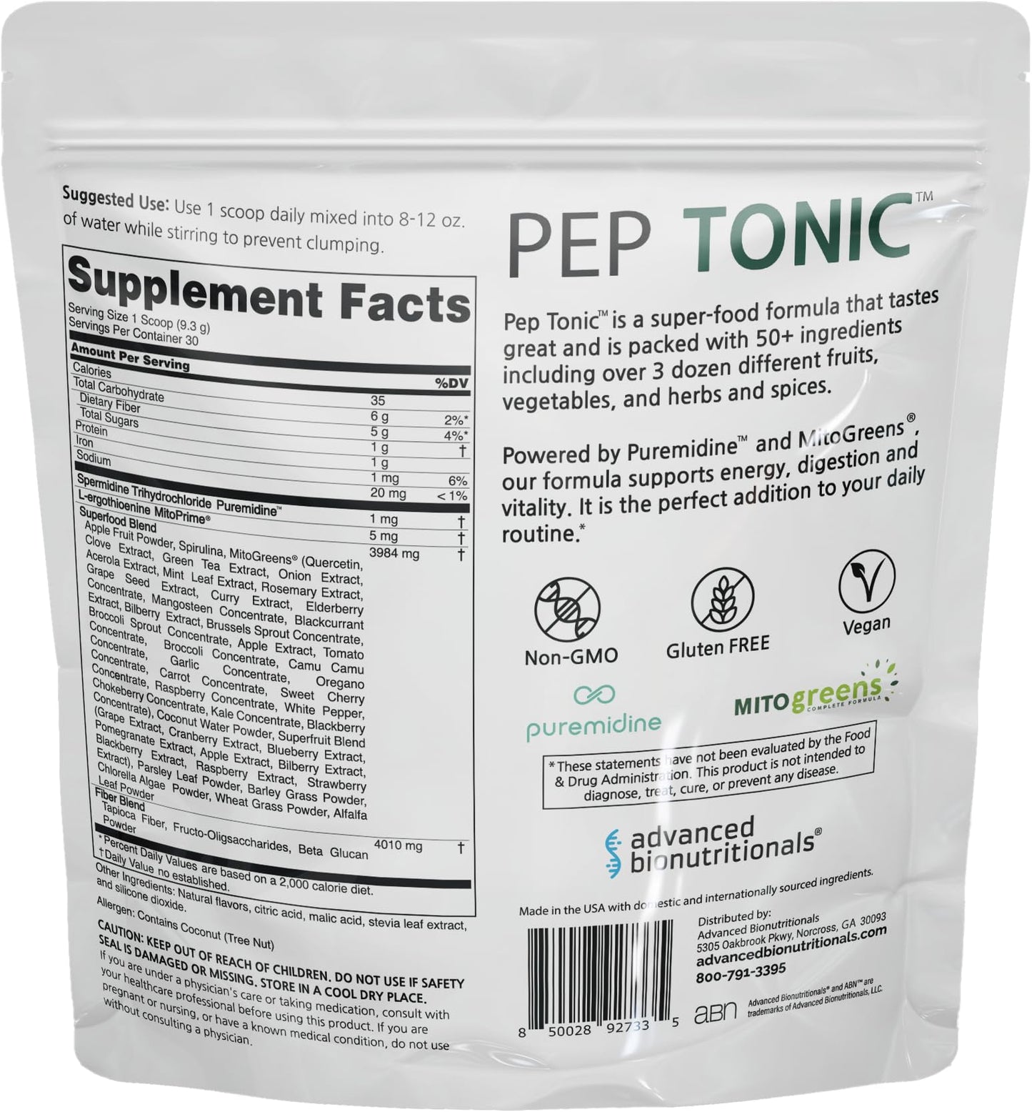 Advanced Bionutritionals Pep Tonic Powdered Superfood Formula 50 Fruits, Vegetables, Herbs, and Superfoods - Vegan, Vegetarian - 9.84 OZ - 279 g - Maple Wellness Supplements