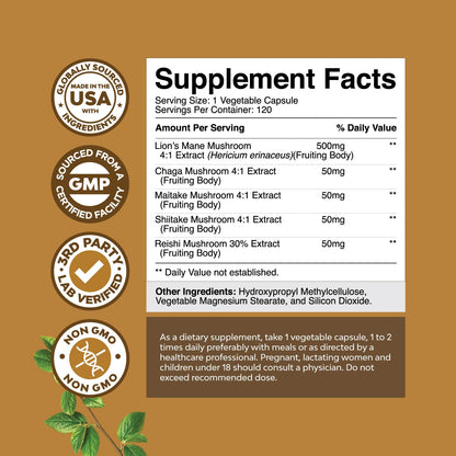 Advanced Lion's Mane Mushroom Supplement - Lions Mane Supplement Capsules with Reishi Chaga Maitake & Shiitake for Brain Health Memory Support & Focus - Nootropic for Mental Clarity - 120 Count - Maple Wellness Supplements