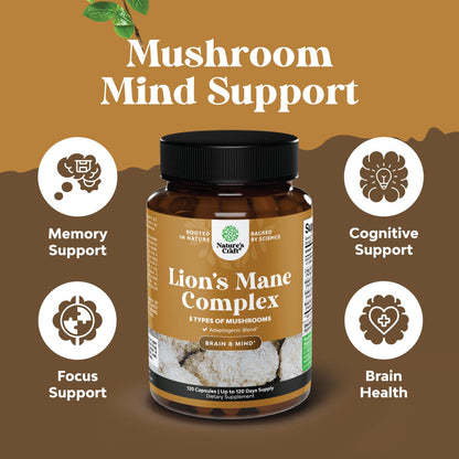 Advanced Lion's Mane Mushroom Supplement - Lions Mane Supplement Capsules with Reishi Chaga Maitake & Shiitake for Brain Health Memory Support & Focus - Nootropic for Mental Clarity - 120 Count - Maple Wellness Supplements