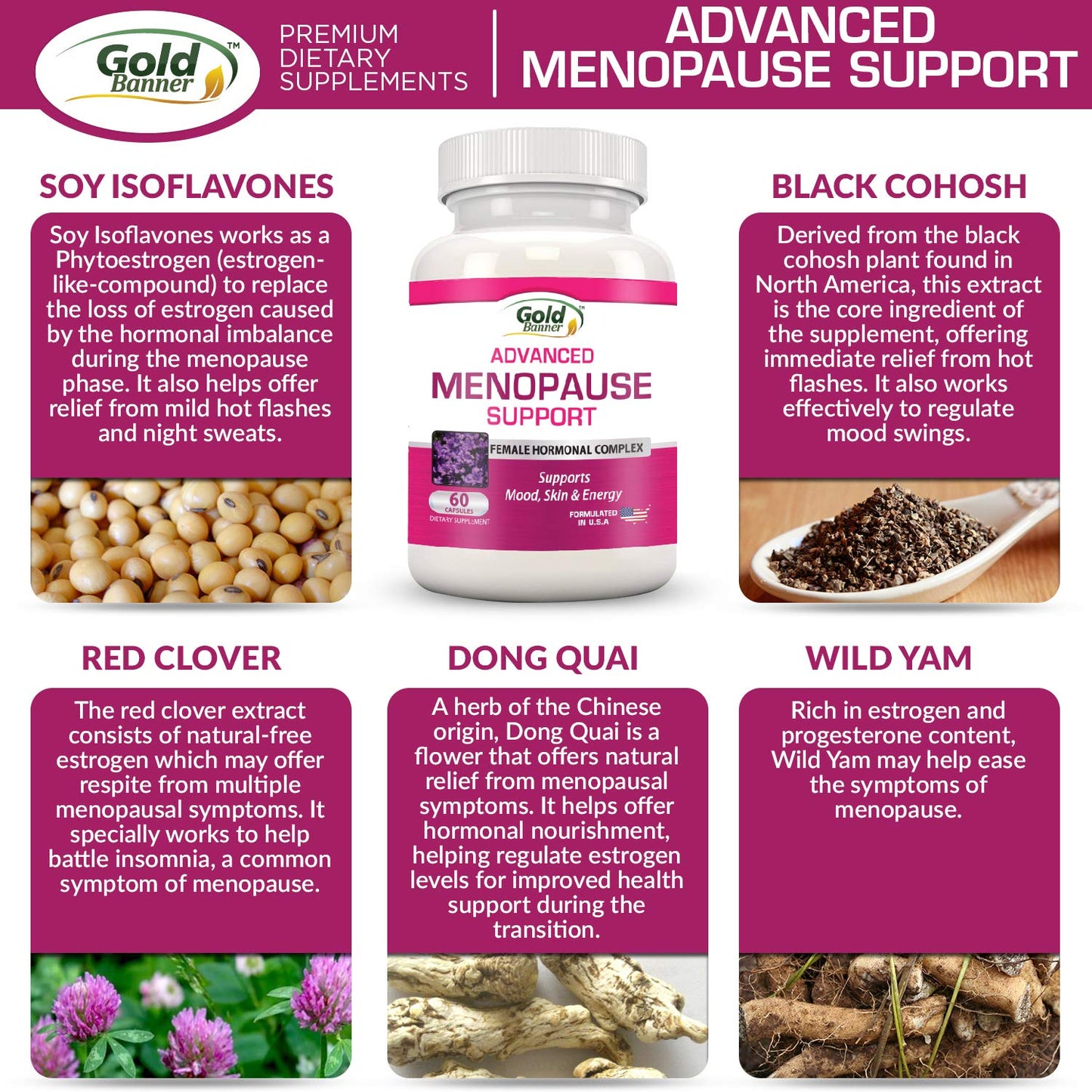 Advanced Menopause Support - Natural Female Hormonal Complex for Hot Flashes, Mood Swings & Vaginal Dryness - Black Cohosh, Soy Isoflavones & Herbal Extract Formula - Does Not Include Hormones - Maple Wellness Supplements