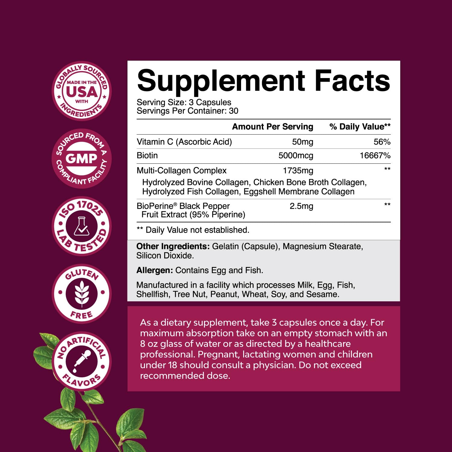Advanced Multi Collagen Complex - Ageless Multi Collagen Peptides Supplements with Type 1 2 3 5 & X & Biotin for Hair, Skin and Nails Vitamins - Biotin Supplements for Women & Men - 90 Count - Maple Wellness Supplements