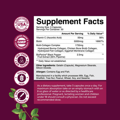 Advanced Multi Collagen Complex - Ageless Multi Collagen Peptides Supplements with Type 1 2 3 5 & X & Biotin for Hair, Skin and Nails Vitamins - Biotin Supplements for Women & Men - 90 Count - Maple Wellness Supplements