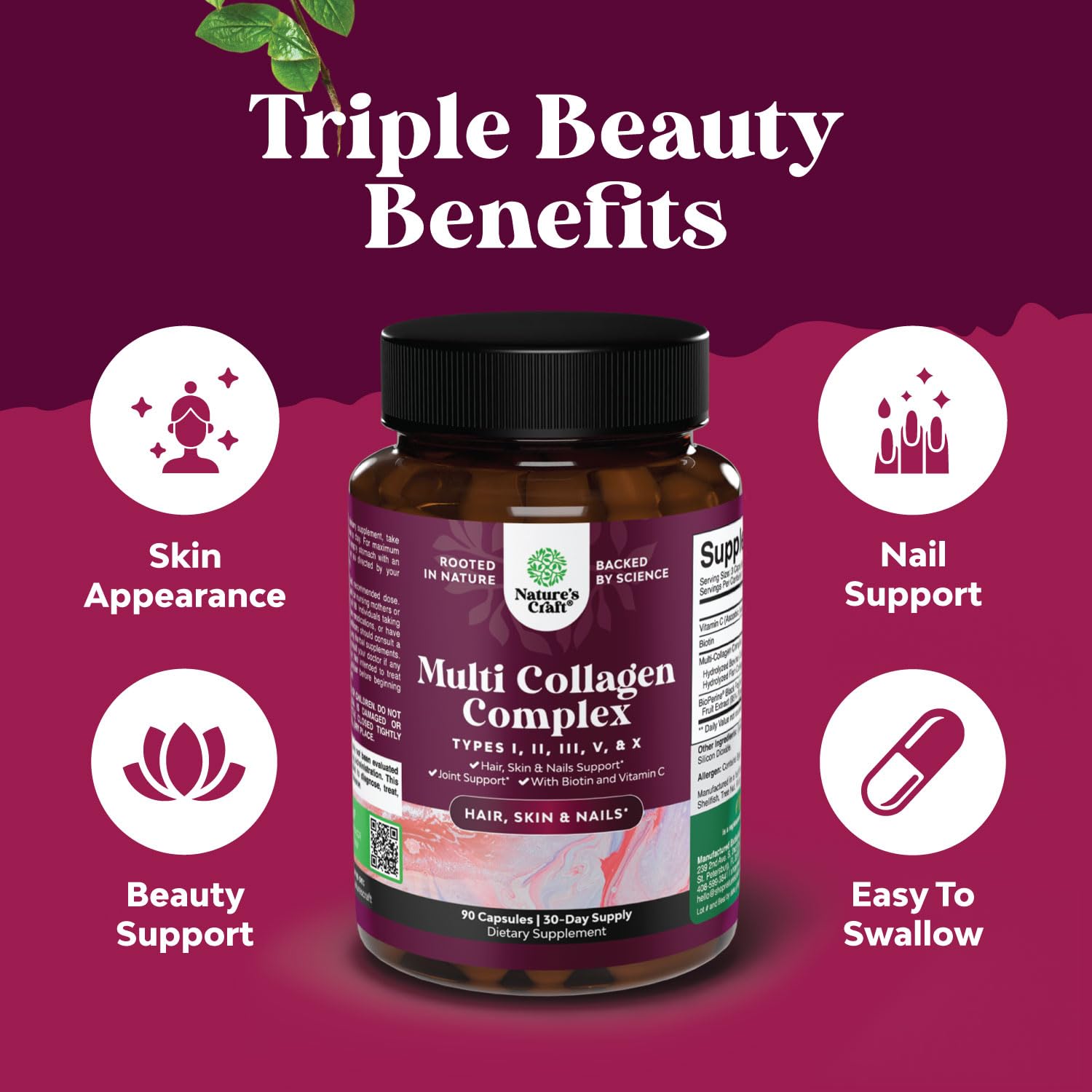 Advanced Multi Collagen Complex - Ageless Multi Collagen Peptides Supplements with Type 1 2 3 5 & X & Biotin for Hair, Skin and Nails Vitamins - Biotin Supplements for Women & Men - 90 Count - Maple Wellness Supplements