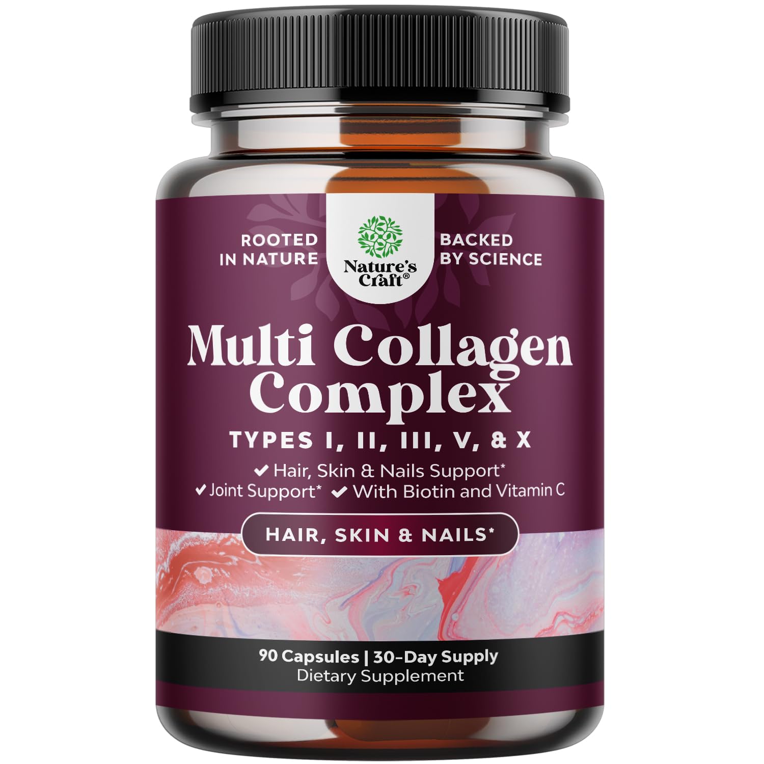 Advanced Multi Collagen Complex - Ageless Multi Collagen Peptides Supplements with Type 1 2 3 5 & X & Biotin for Hair, Skin and Nails Vitamins - Biotin Supplements for Women & Men - 90 Count - Maple Wellness Supplements