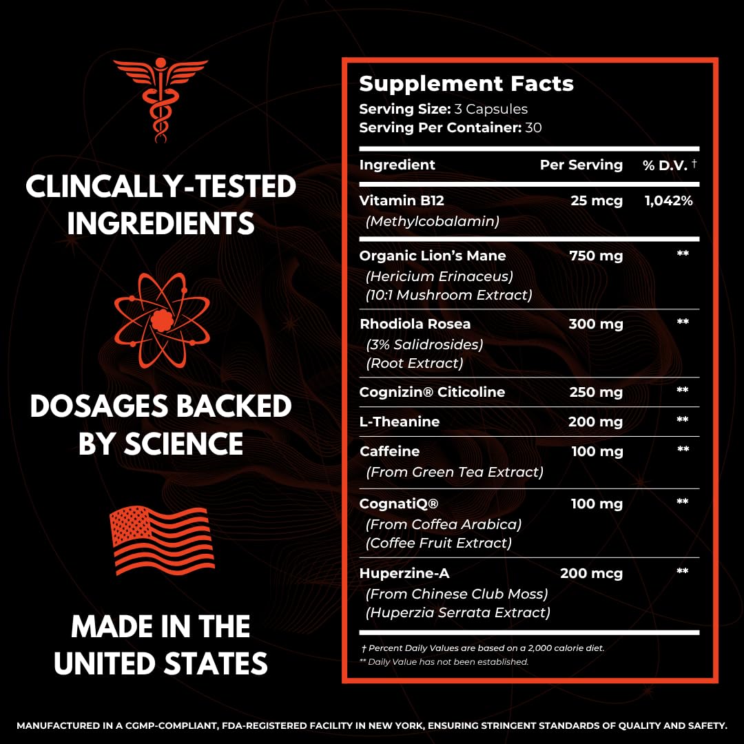 Advanced Nootropic Brain Supplement for Energy, Memory, & Focus | Lion's Mane, Caffeine, L-Theanine, and 5 Additional All-Natural Ingredients to Improve Cognitive Health (90 Capsules) - Maple Wellness Supplements