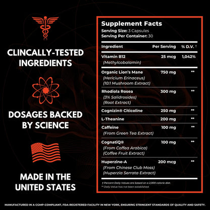 Advanced Nootropic Brain Supplement for Energy, Memory, & Focus | Lion's Mane, Caffeine, L-Theanine, and 5 Additional All-Natural Ingredients to Improve Cognitive Health (90 Capsules) - Maple Wellness Supplements