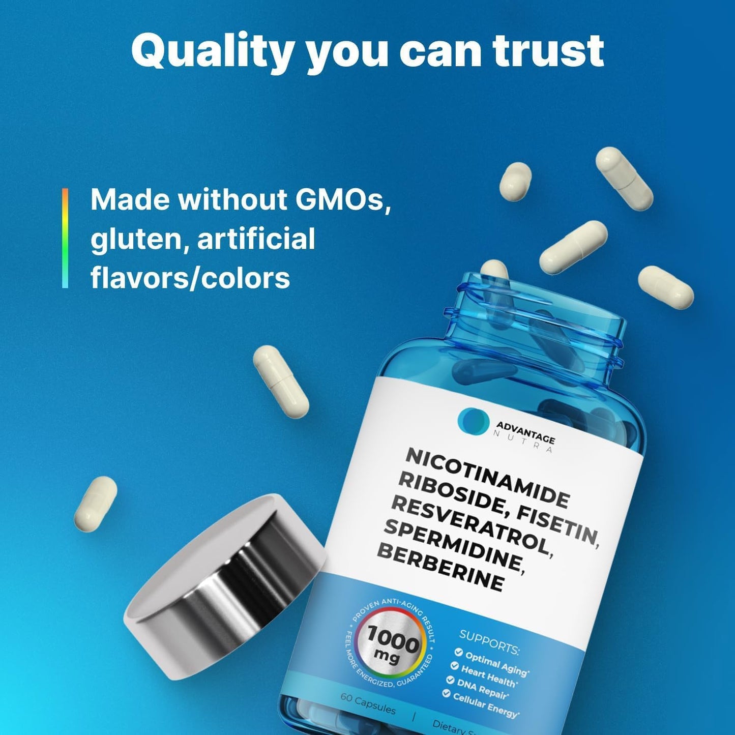 AdvantageNutra Liposomal Nicotinamide Riboside NR Supplement Resveratrol NAD : Nicotinamide 500mg w/Fisetin, Resveratrol Powder Spermidine Berberine NAD Resveratrol Supplement 500 mg - 60 caps 1 Pack - Maple Wellness Supplements