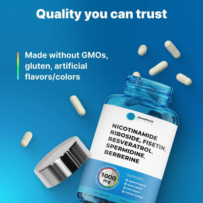 AdvantageNutra Liposomal Nicotinamide Riboside NR Supplement Resveratrol NAD : Nicotinamide 500mg w/Fisetin, Resveratrol Powder Spermidine Berberine NAD Resveratrol Supplement 500 mg - 60 caps 1 Pack - Maple Wellness Supplements