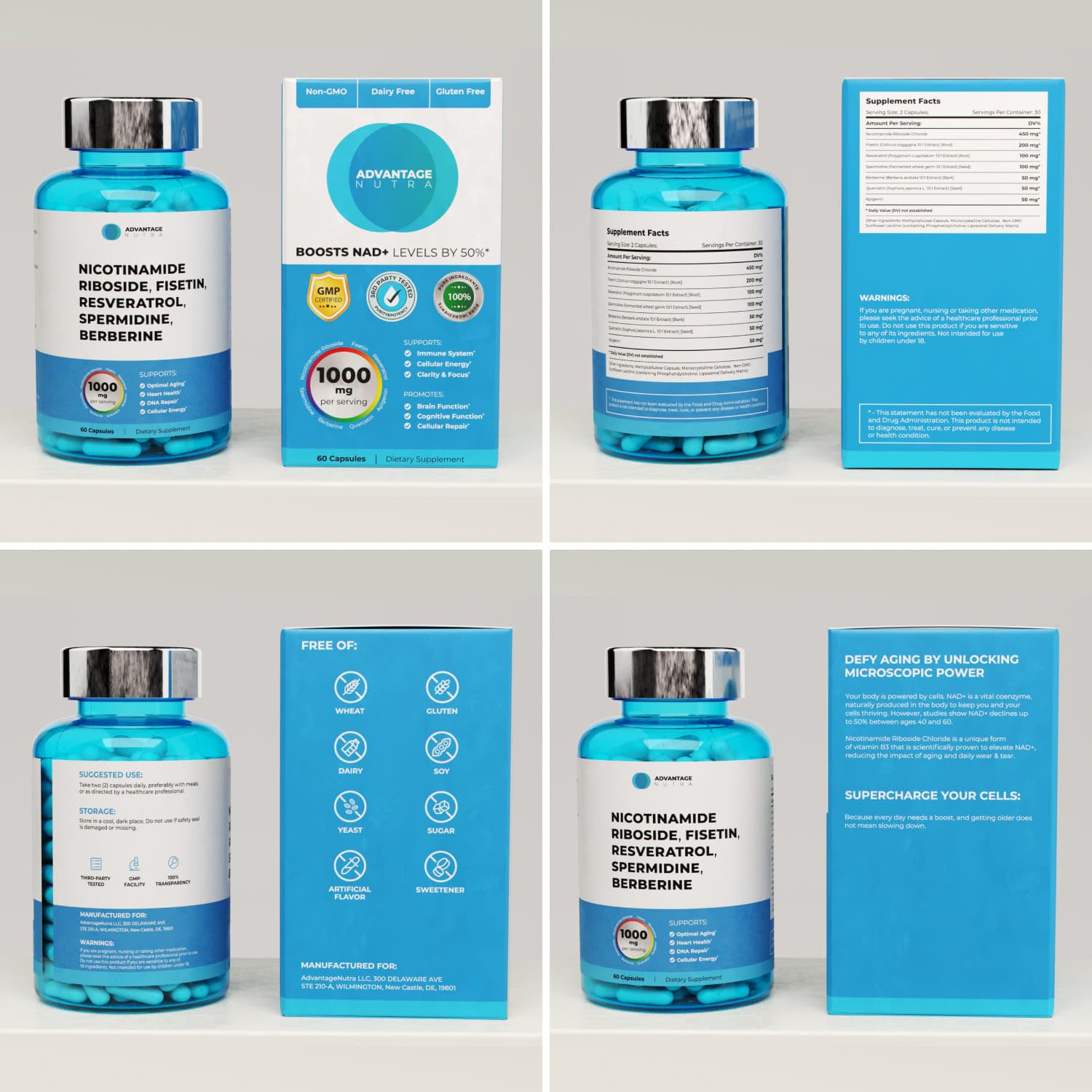 AdvantageNutra Liposomal Nicotinamide Riboside NR Supplement Resveratrol NAD : Nicotinamide 500mg w/Fisetin, Resveratrol Powder Spermidine Berberine NAD Resveratrol Supplement 500 mg - 60 caps 1 Pack - Maple Wellness Supplements