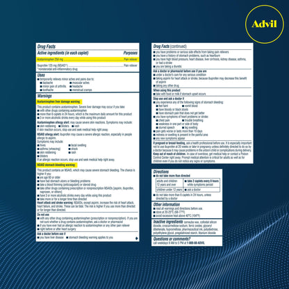 Advil Dual Action Back Pain Caplets Delivers 125mg Ibuprofen and 250mg Acetaminophen Per Dose for 8 Hours of Back Pain Relief - 144 Count - Maple Wellness Supplements