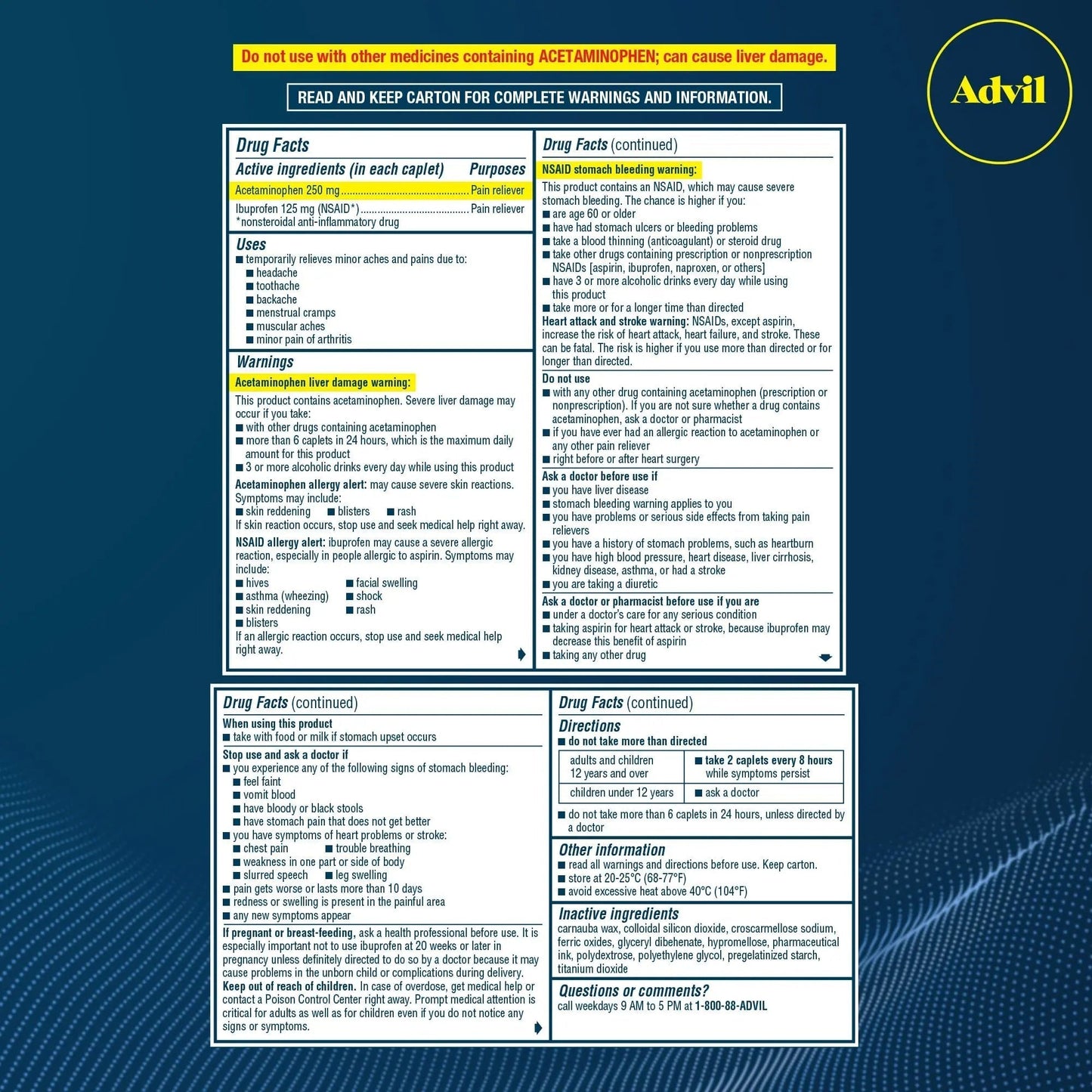 Advil Dual Action Coated Caplets, 125 Mg Ibuprofen and 250 Mg Acetaminophen per Dose (2 Dose Equivalent) for 8 Hour Pain Relief - 216 Count - Maple Wellness Supplements