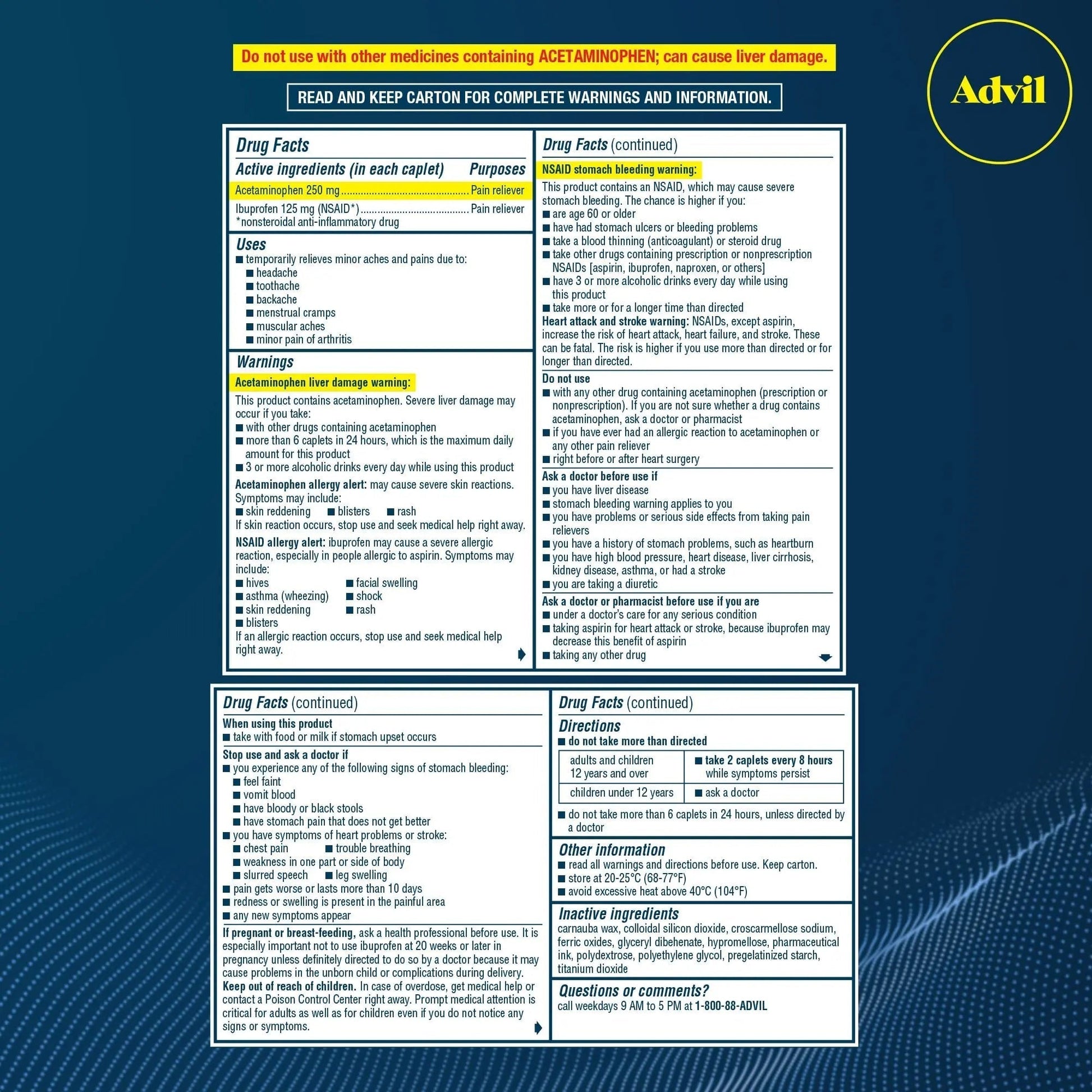 Advil Dual Action Coated Caplets, 125 Mg Ibuprofen and 250 Mg Acetaminophen per Dose (2 Dose Equivalent) for 8 Hour Pain Relief - 216 Count - Maple Wellness Supplements