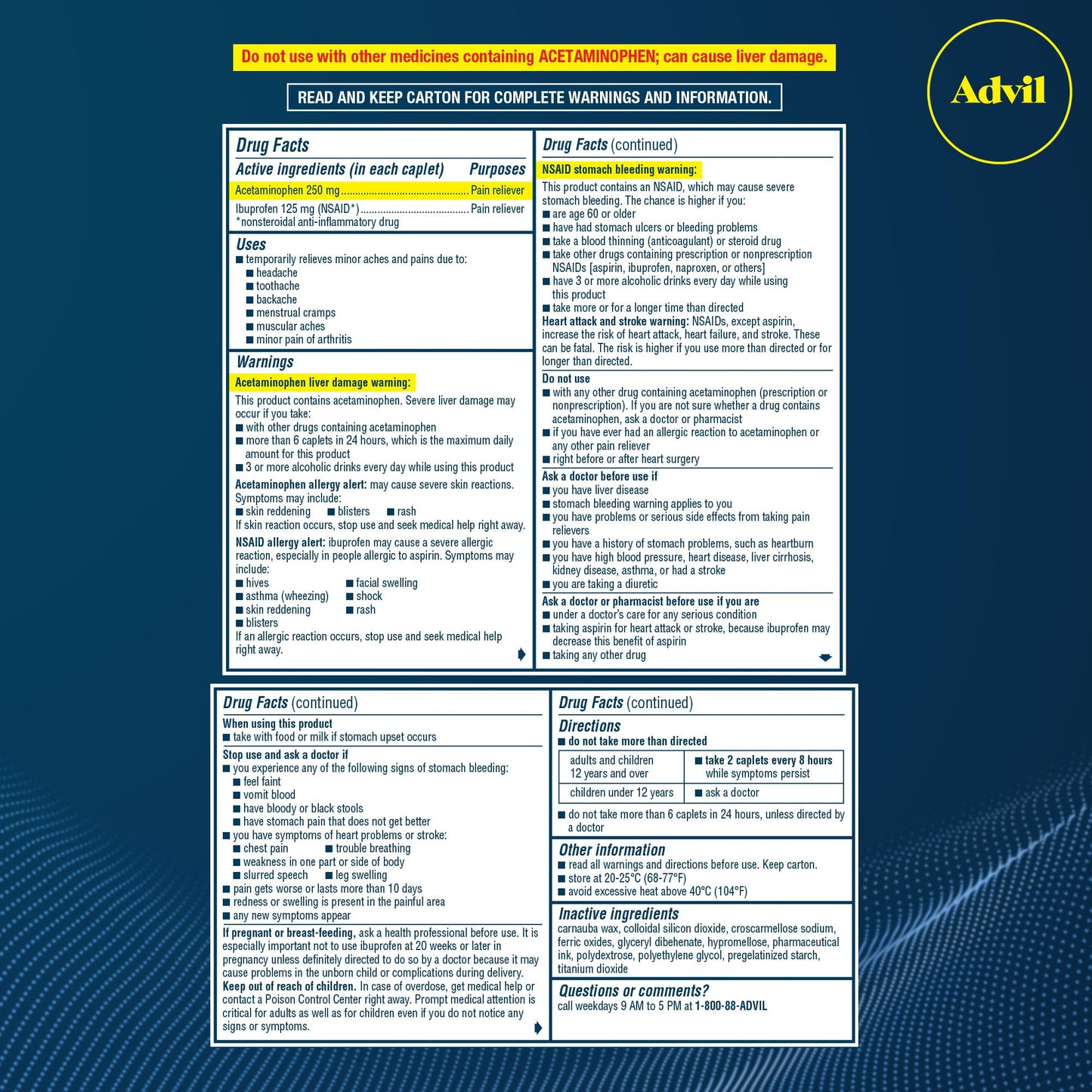 Advil Dual Action Coated Caplets, 125 Mg Ibuprofen and 250 Mg Acetaminophen per Dose (2 Dose Equivalent) for 8 Hour Pain Relief - 216 Count - Maple Wellness Supplements