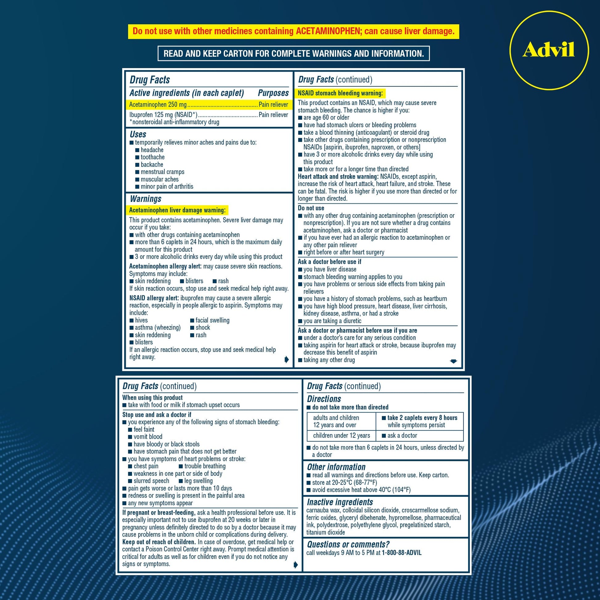 Advil Dual Action Coated Caplets, 125 Mg Ibuprofen and 250 Mg Acetaminophen per Dose (2 Dose Equivalent) for 8 Hour Pain Relief - 216 Count - Maple Wellness Supplements