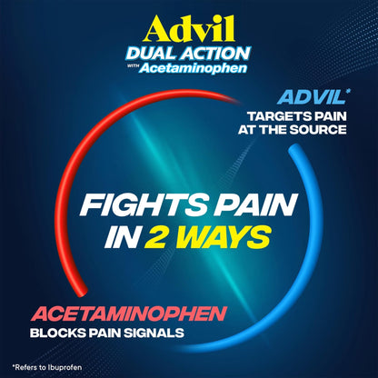 Advil Dual Action Coated Caplets with Acetaminophen, 250 Mg Ibuprofen and 500 Mg Acetaminophen Per Dose (2 Dose Equivalent) for 8 Hour Pain Relief - 2 Count x 50 - Maple Wellness Supplements