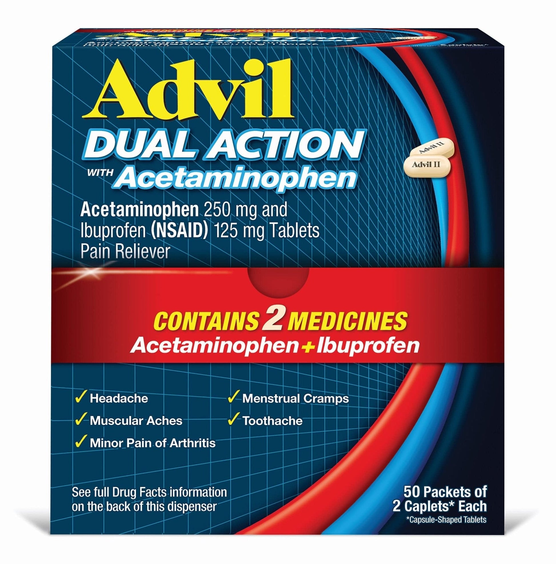 Advil Dual Action Coated Caplets with Acetaminophen, 250 Mg Ibuprofen and 500 Mg Acetaminophen Per Dose (2 Dose Equivalent) for 8 Hour Pain Relief - 2 Count x 50 - Maple Wellness Supplements