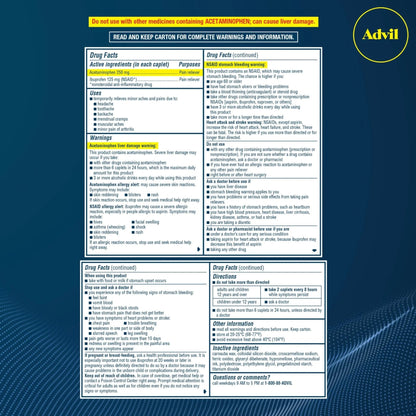 Advil Dual Action Coated Caplets with Acetaminophen, 250 Mg Ibuprofen and 500 Mg Acetaminophen Per Dose (2 Dose Equivalent) for 8 Hour Pain Relief - 72 Count - Maple Wellness Supplements