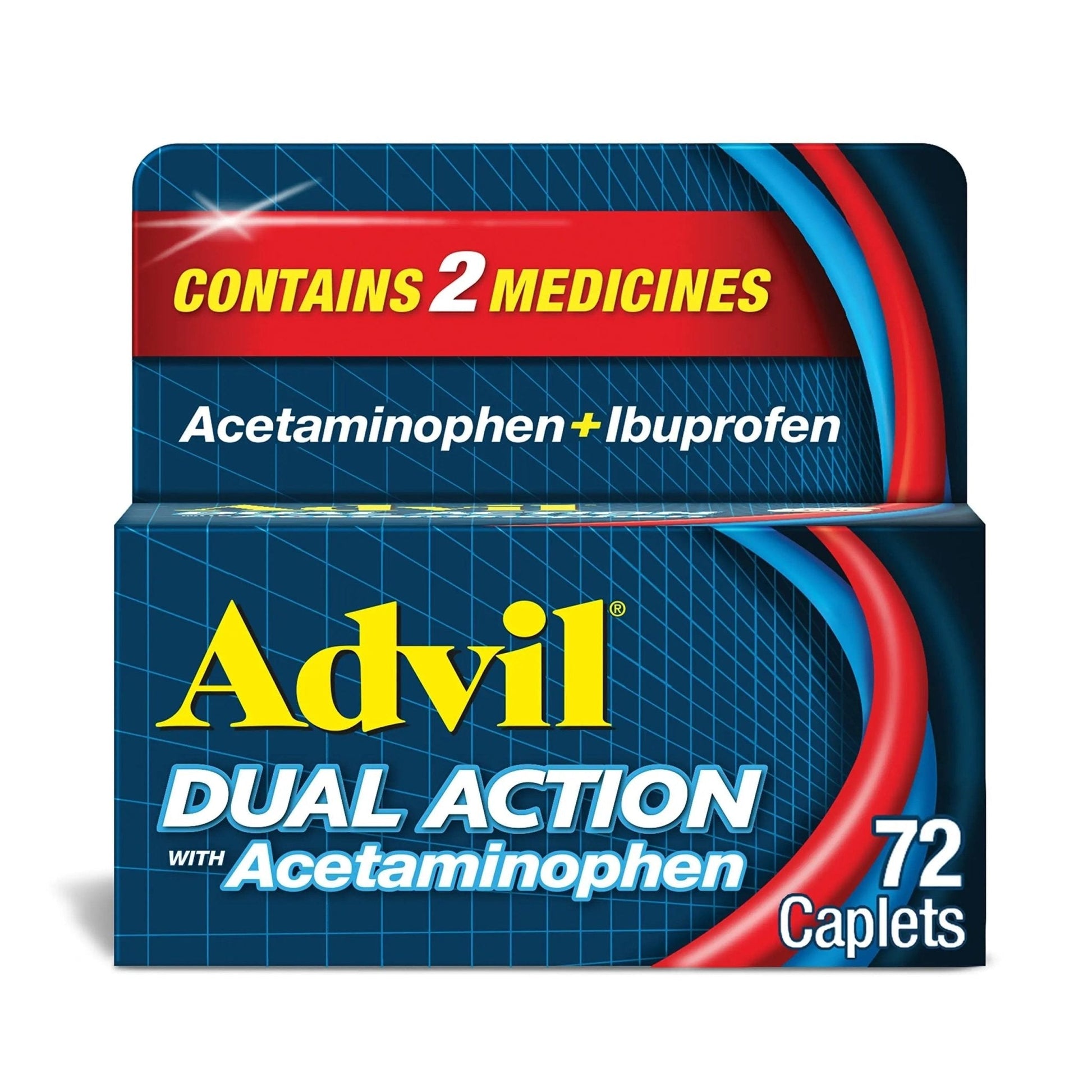 Advil Dual Action Coated Caplets with Acetaminophen, 250 Mg Ibuprofen and 500 Mg Acetaminophen Per Dose (2 Dose Equivalent) for 8 Hour Pain Relief - 72 Count - Maple Wellness Supplements