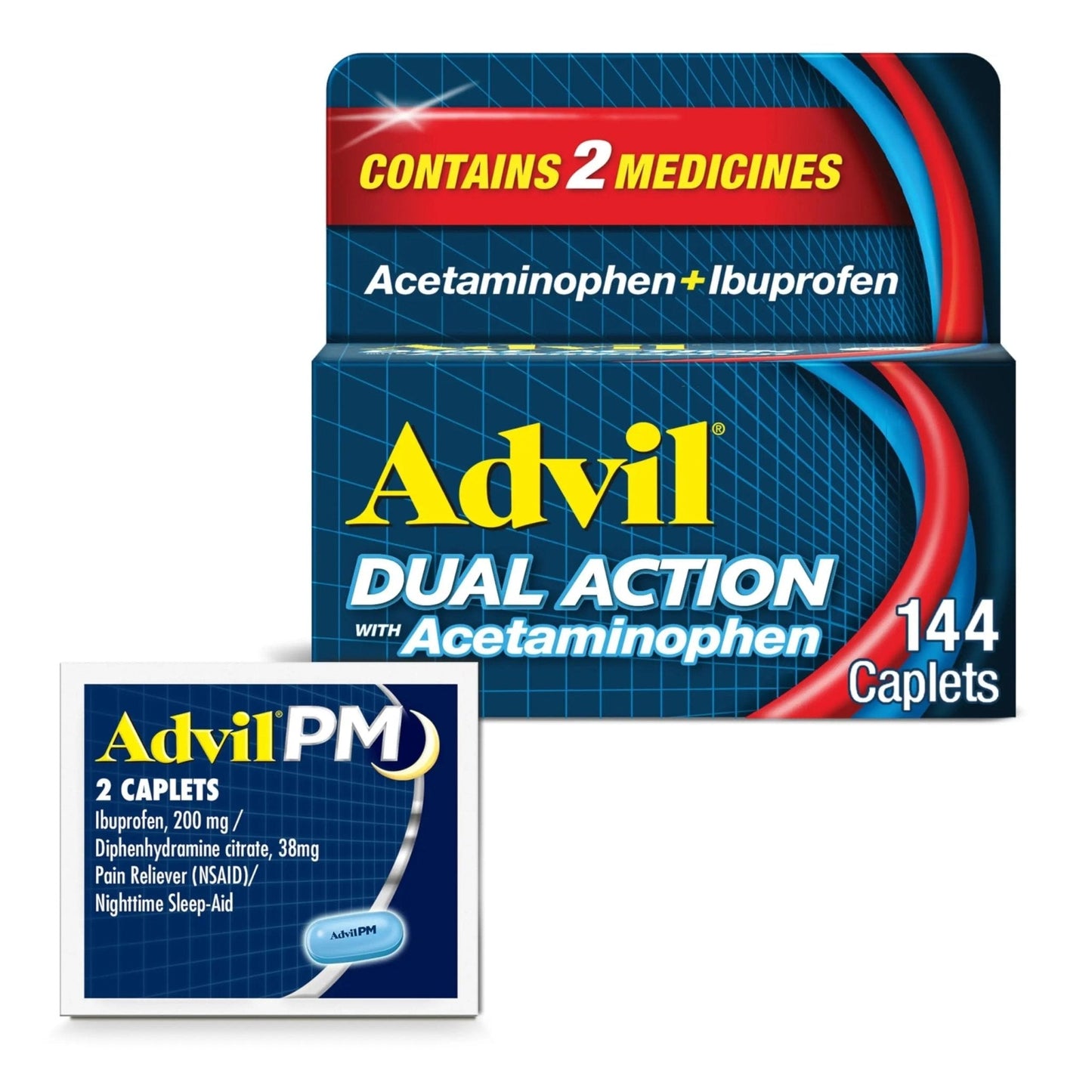 Advil Dual Action With Acetaminophen And Ibuprofen (2 Dose Equivalent) For 8 Hour Pain Relief, Coated 144 Ct Caplets And 2 Ct. Sample Of Advil PM - Maple Wellness Supplements