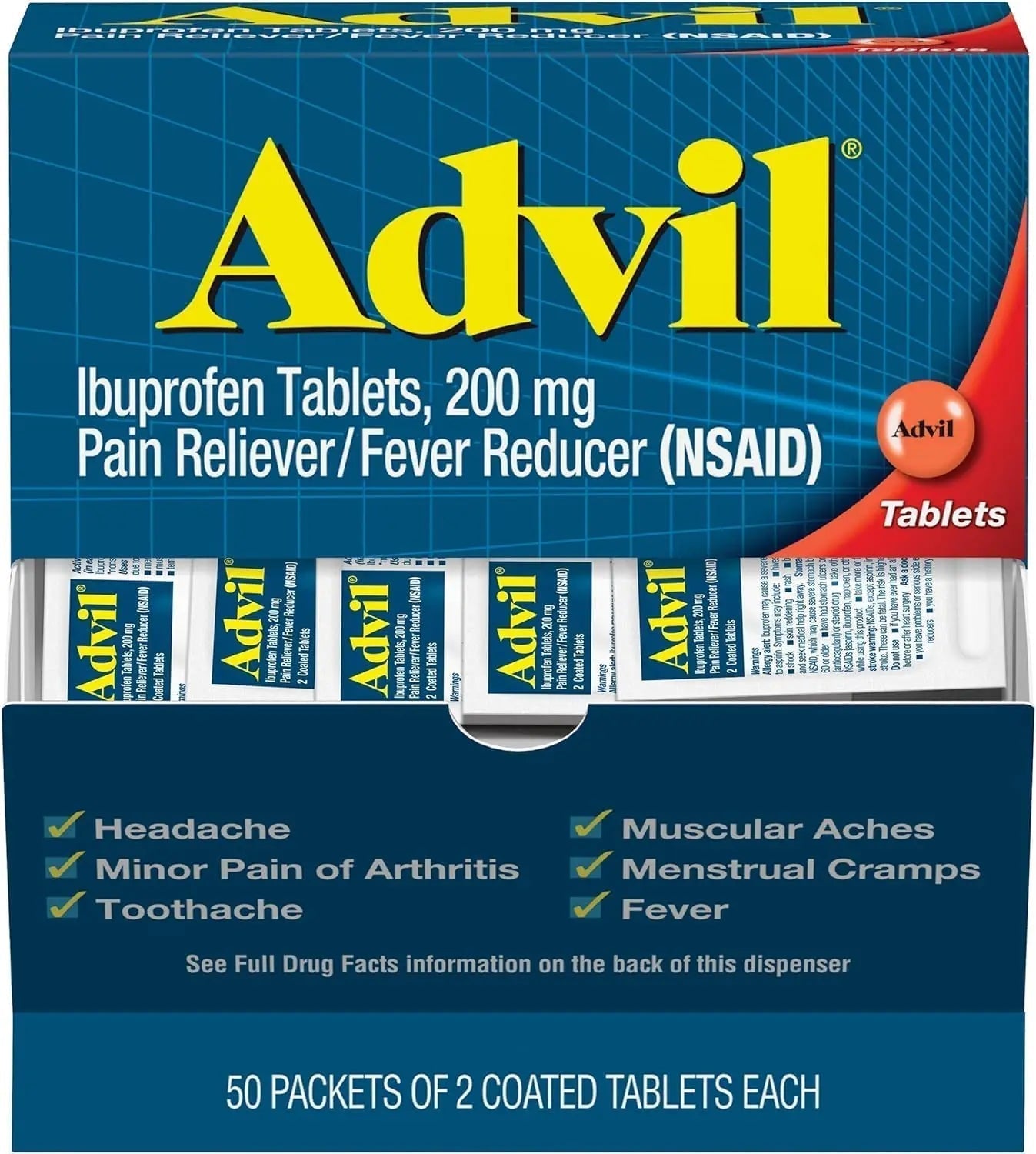 Advil Ibuprofen, 200mg (50 Packets of 2 Coated Tablets) 50 ea (Pack of 3) - Maple Wellness Supplements