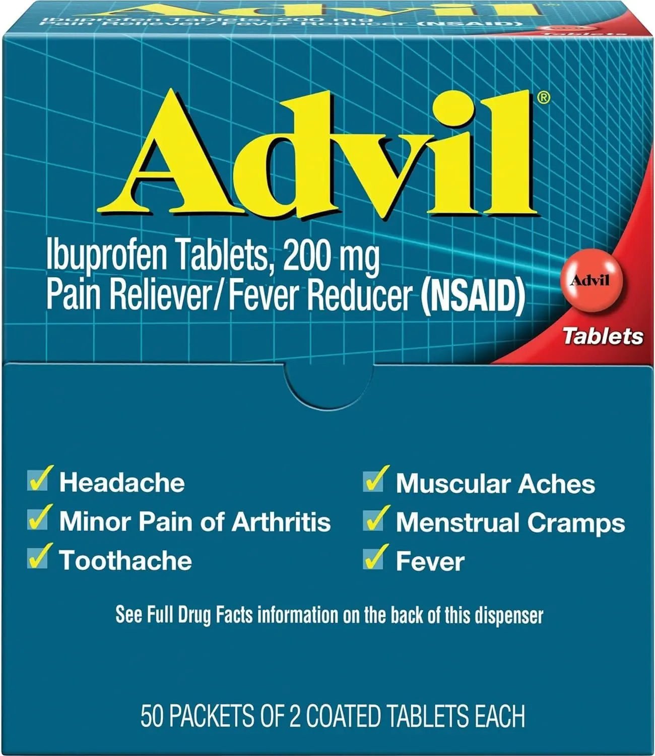 Advil Ibuprofen, 200mg (50 Packets of 2 Coated Tablets) 50 ea (Pack of 3) - Maple Wellness Supplements