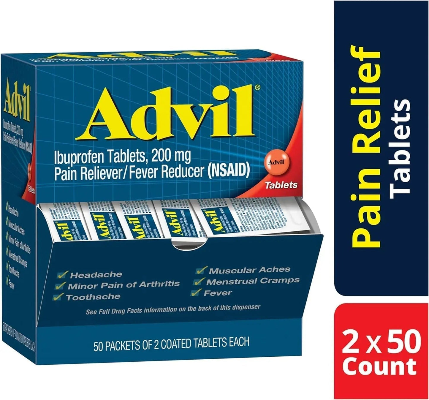 Advil Ibuprofen Tablets, 200 mg Pain Reliever/Fever Reducer (NSAID), 100 Tablets (50 Packets of 2 Tablets Each) - Maple Wellness Supplements