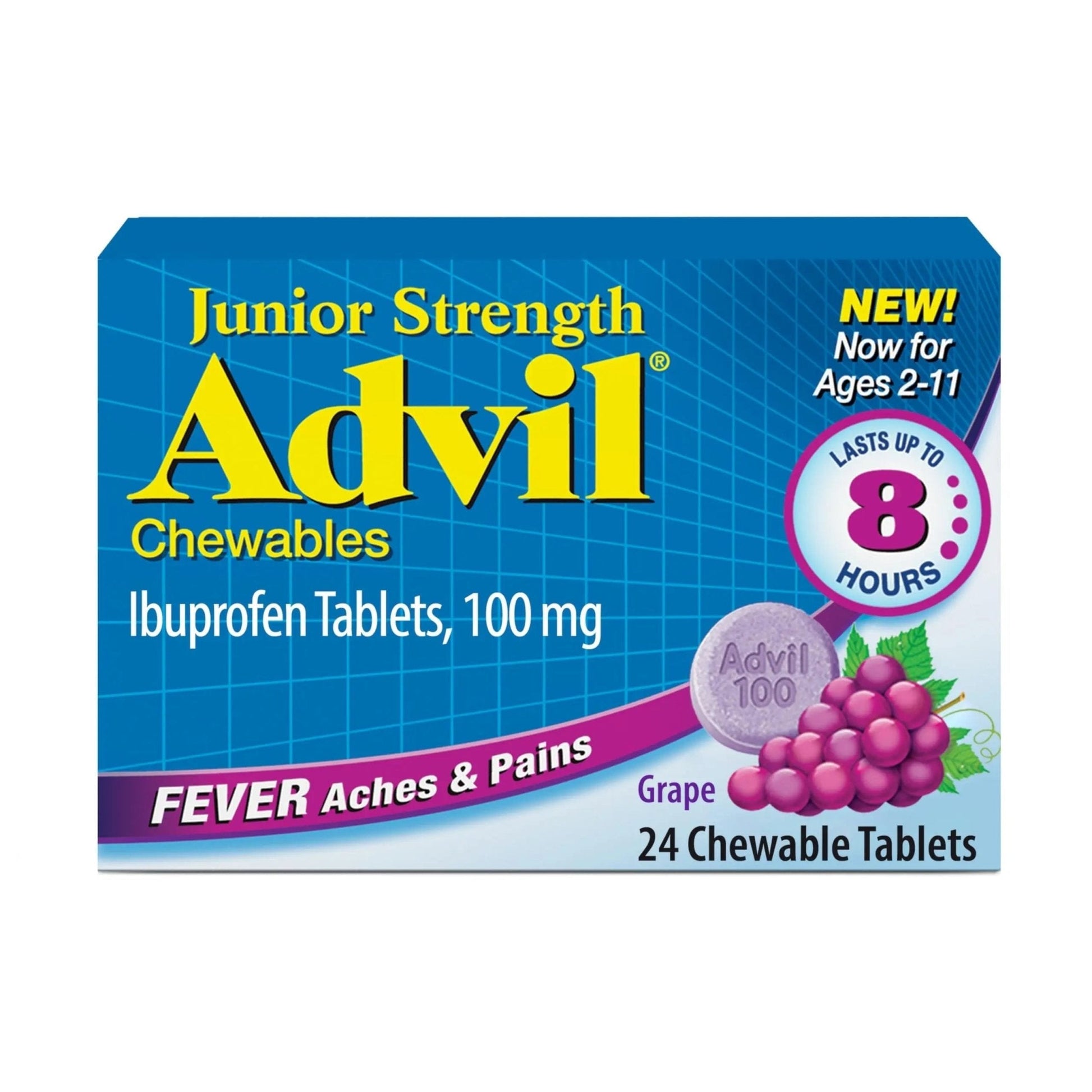 Advil Junior Strength Chewable Ibuprofen Pain Reliever and Fever Reducer, Children's Ibuprofen for Pain Relief, Grape - 24 Tablets - Maple Wellness Supplements