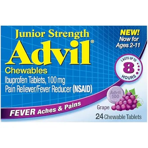Advil Junior Strength Chewable Ibuprofen Pain Reliever and Fever Reducer, Children's Ibuprofen for Pain Relief, Grape - 24 Tablets (Pack of 3) - Maple Wellness Supplements