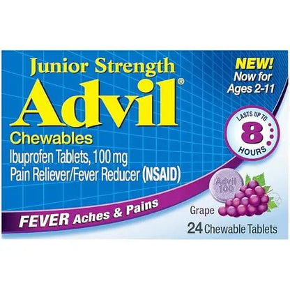Advil Junior Strength Chewable Ibuprofen Pain Reliever and Fever Reducer, Children's Ibuprofen for Pain Relief, Grape - 24 Tablets (Pack of 3) - Maple Wellness Supplements